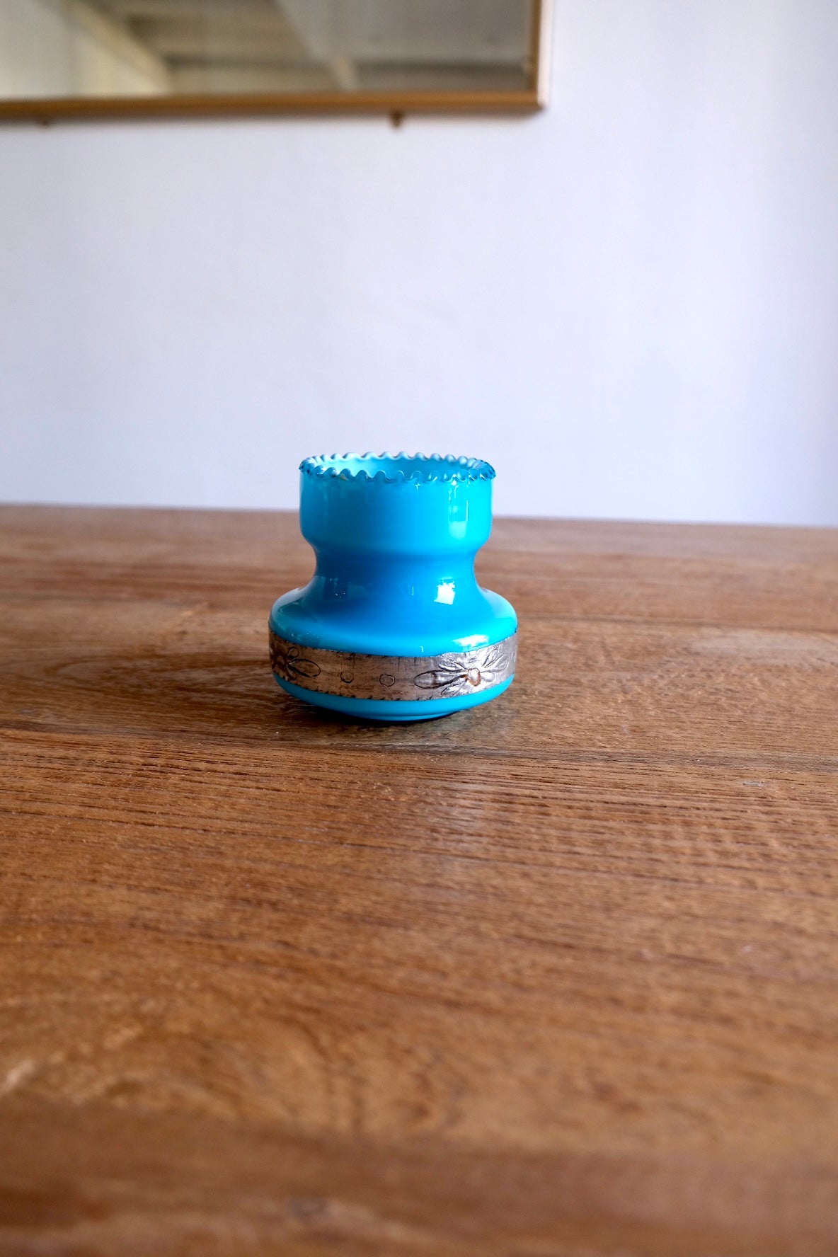 Blue opaline glass candle holder