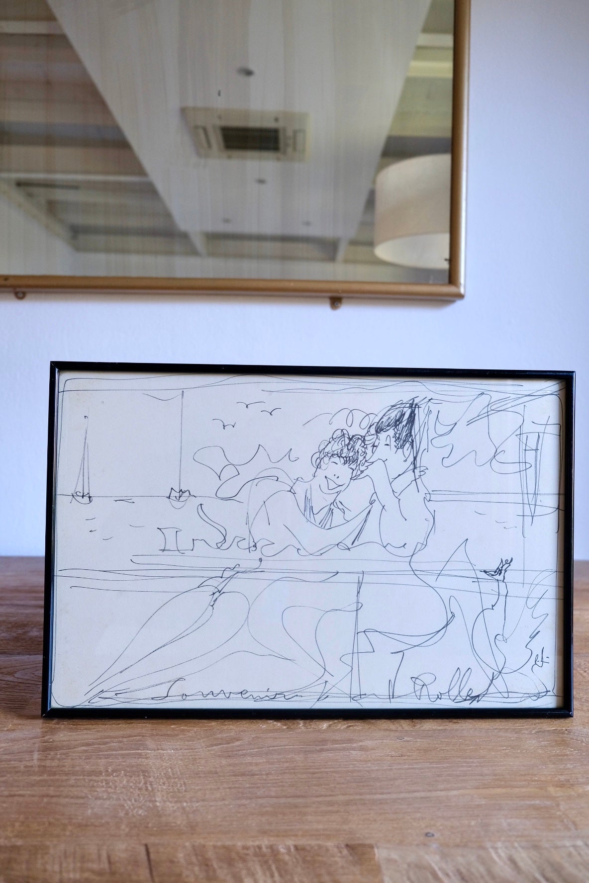 'Two women by the beach' illustration, France, signed & framed