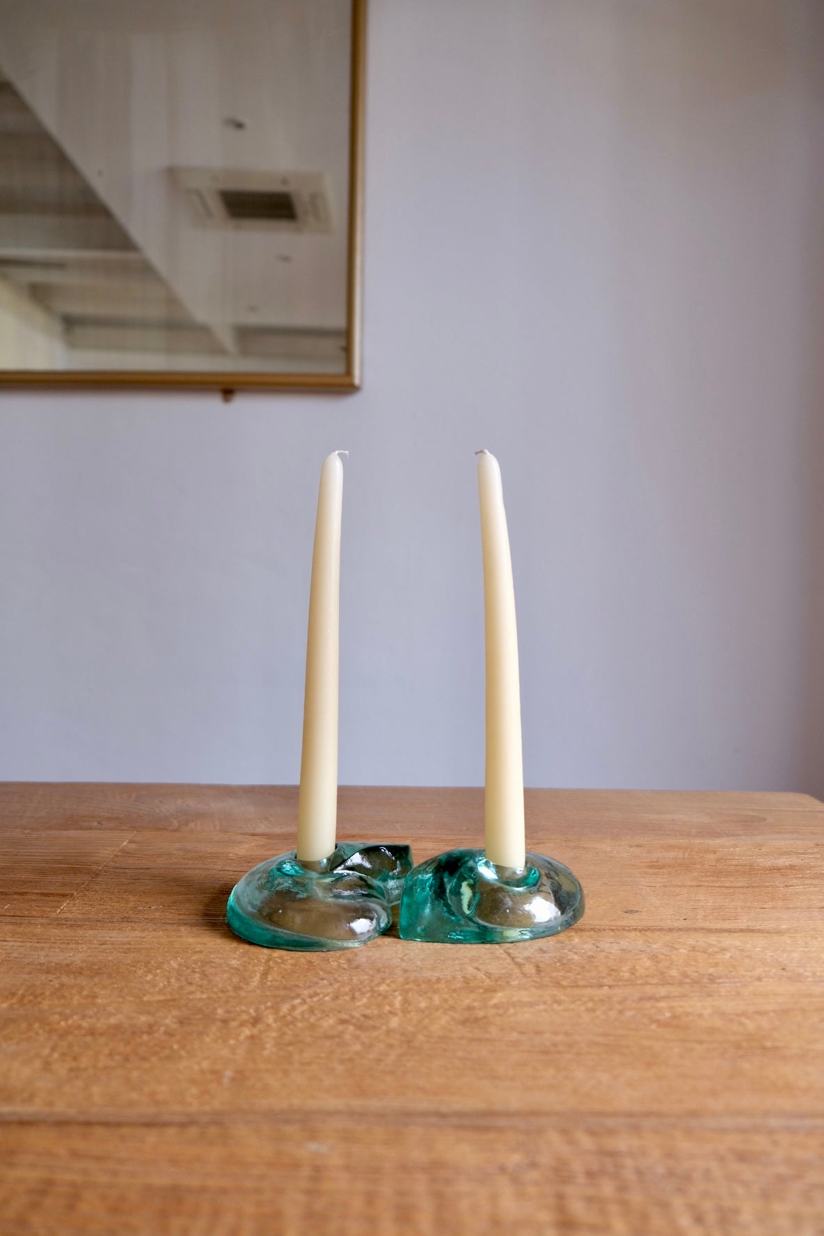 Pair of green glass shell candle holders