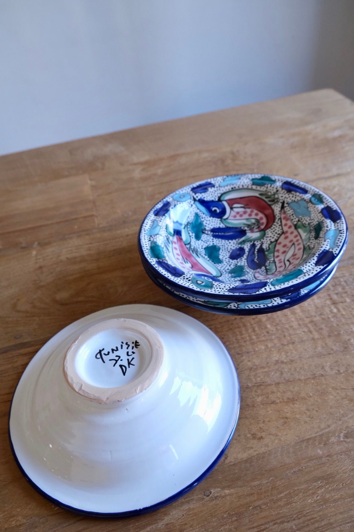 Set of 4 Tunisian fish motif hand-painted pasta bowls