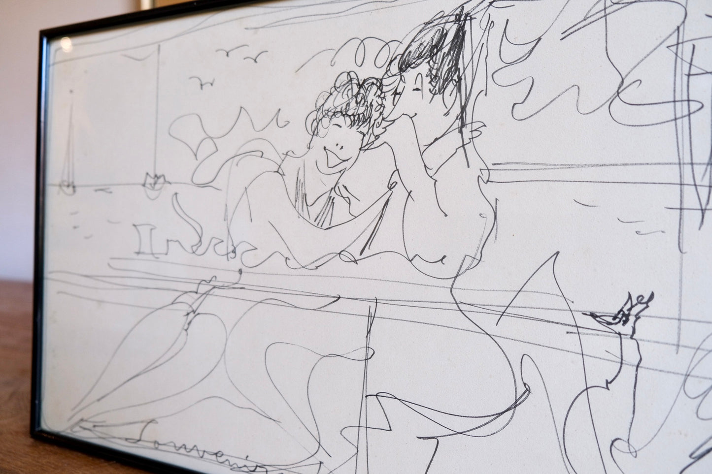'Two women by the beach' illustration, France, signed & framed
