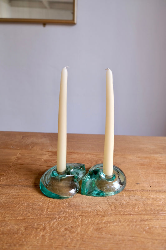 Pair of green glass shell candle holders