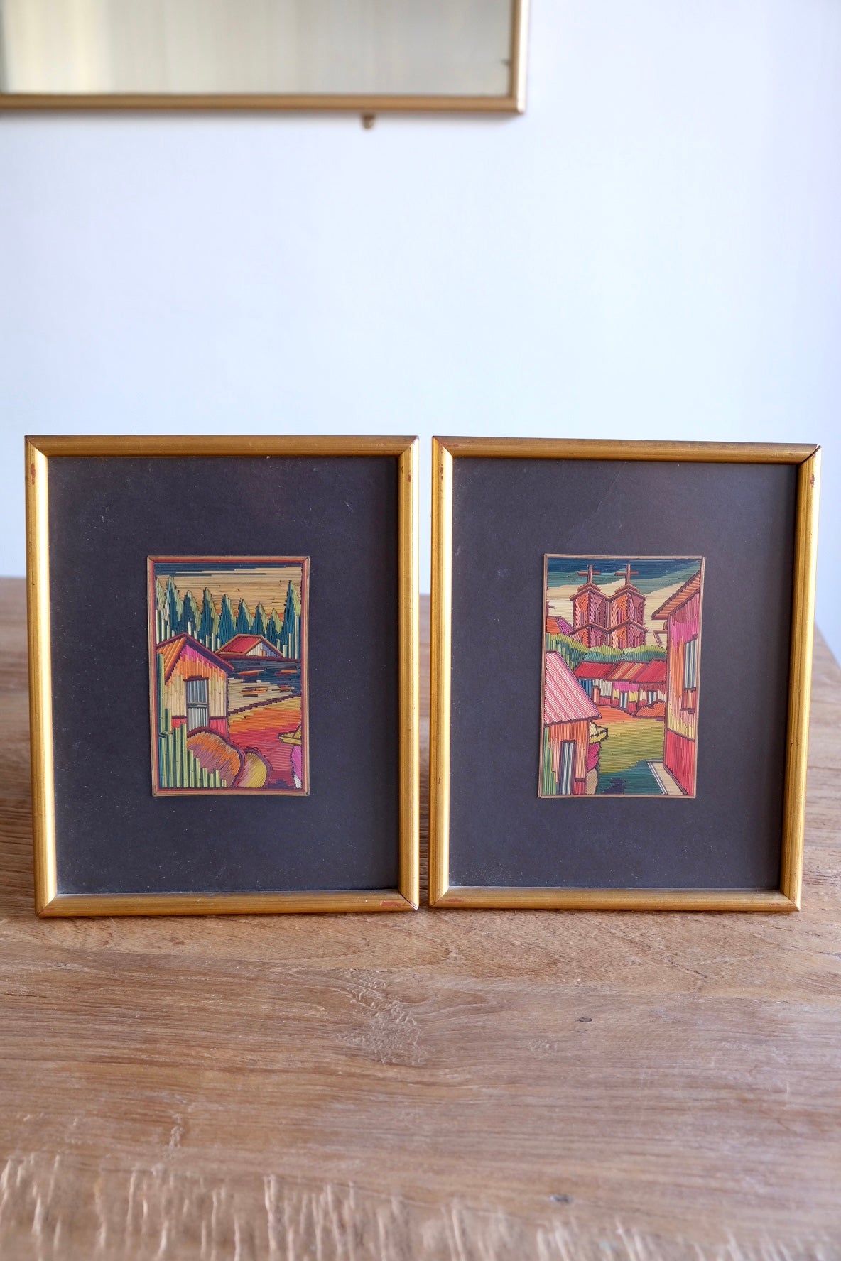 Pair of Mexican popotillo folk straw art, framed. 1960s