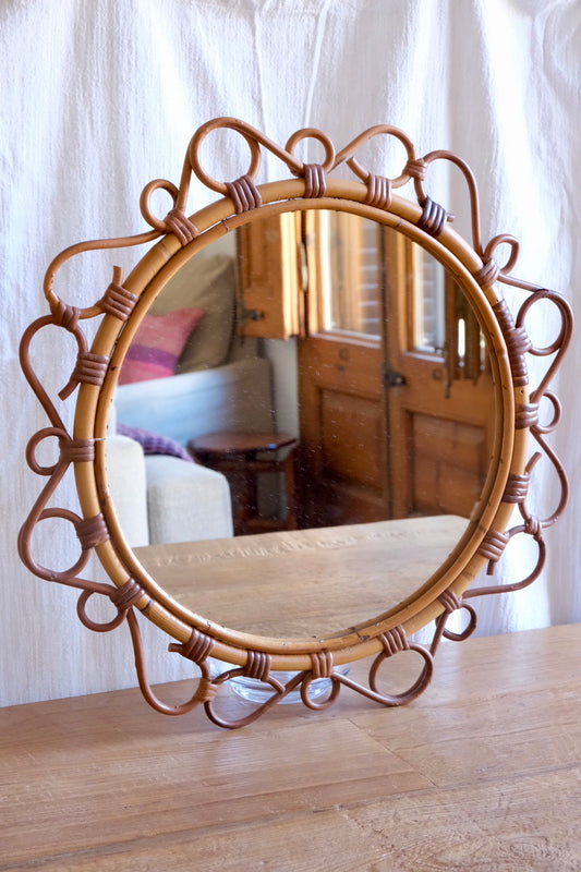 Circular rattan & bamboo mirror, France c. 1960s