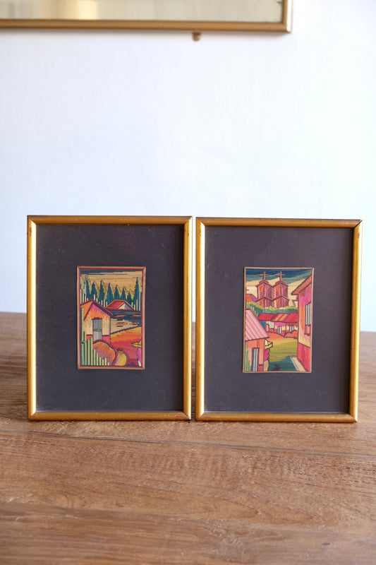 Pair of Mexican popotillo folk straw art, framed. 1960s