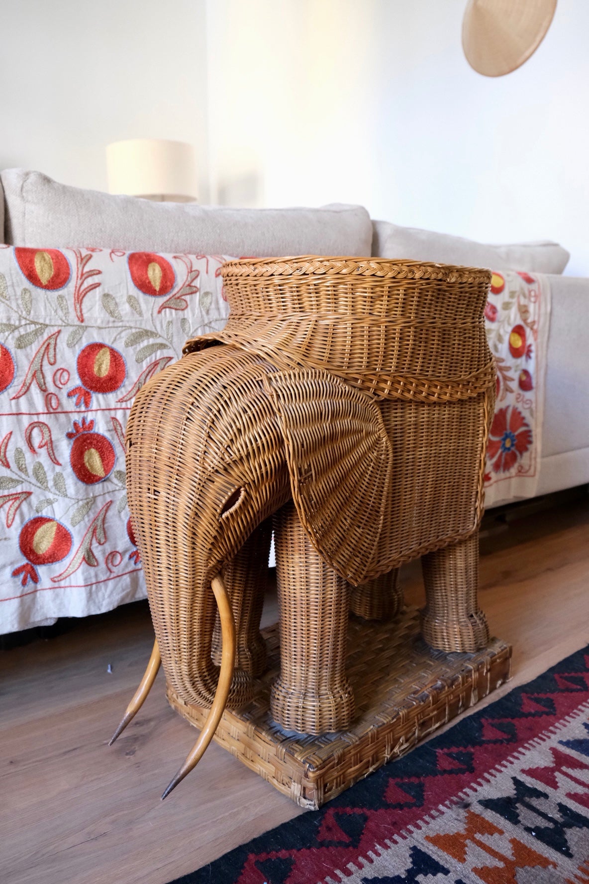 Hand-woven wicker elephant side table, 1970s