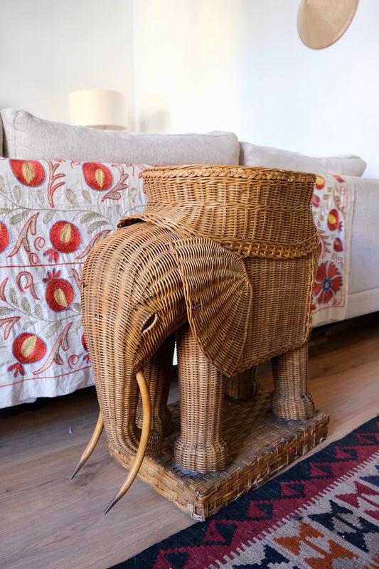 Hand-woven wicker elephant side table, 1970s