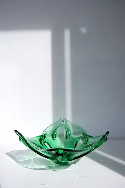 Large Italian emerald glass bowl, flower-shaped