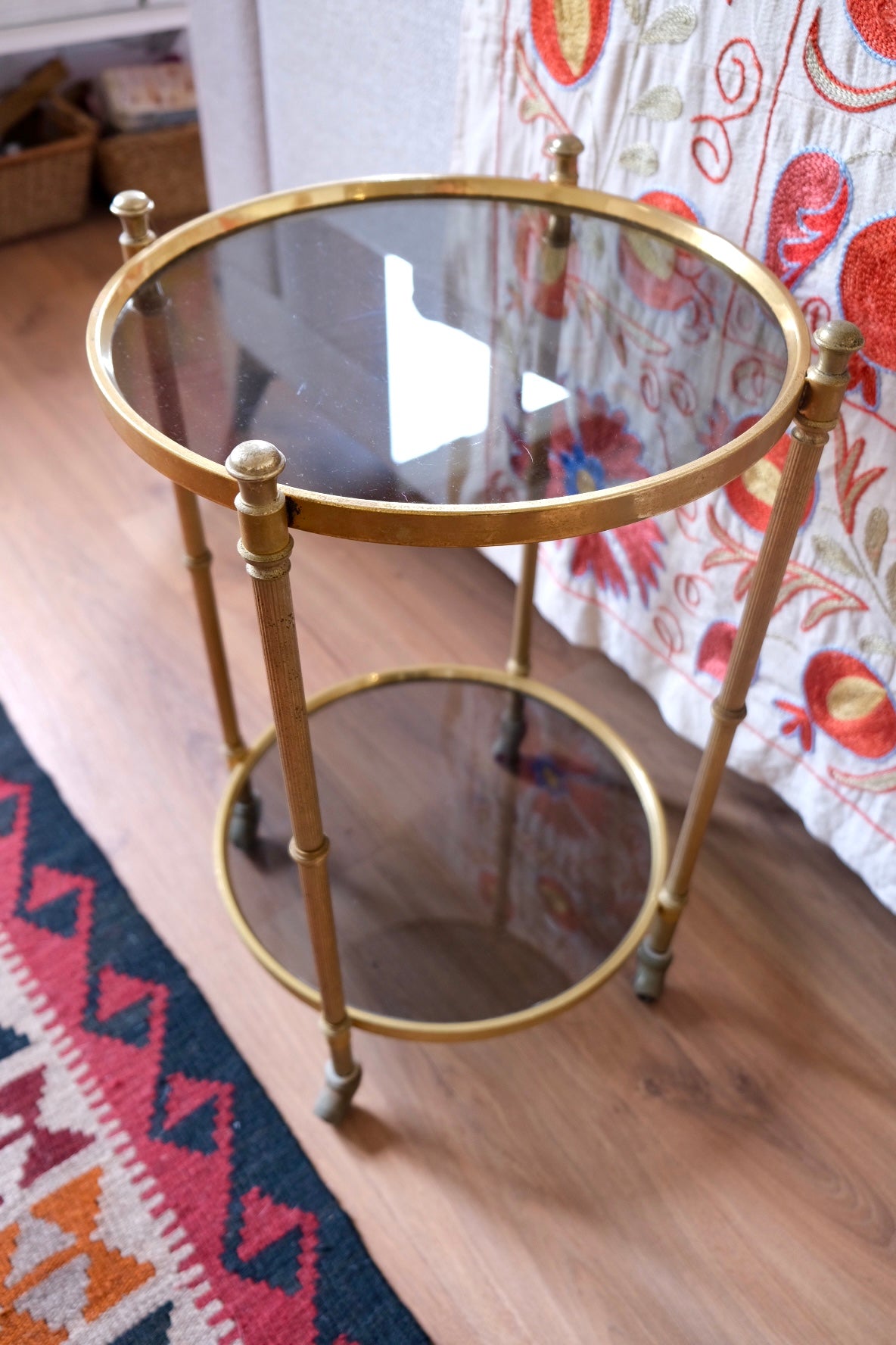 Mid-century drinks trolley/side table with wheels. Brass and smoked glass