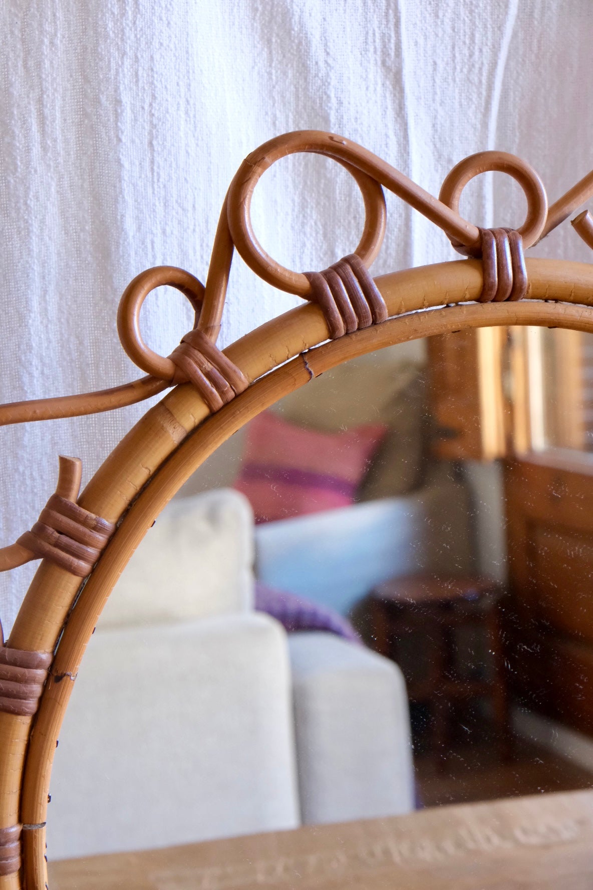 Circular rattan & bamboo mirror, France c. 1960s