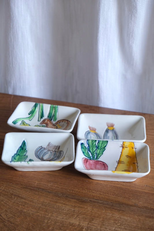 Set of 4 ceramic dishes with hand-painted vegetables