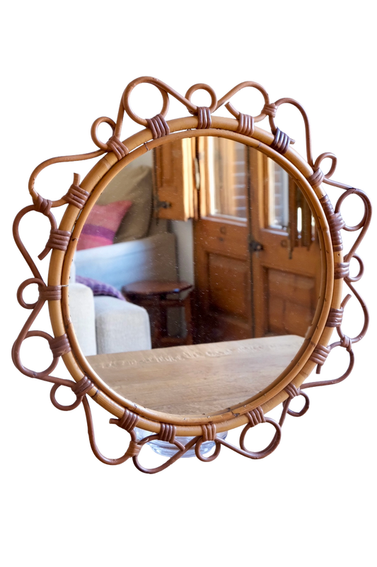 Circular rattan & bamboo mirror, France c. 1960s