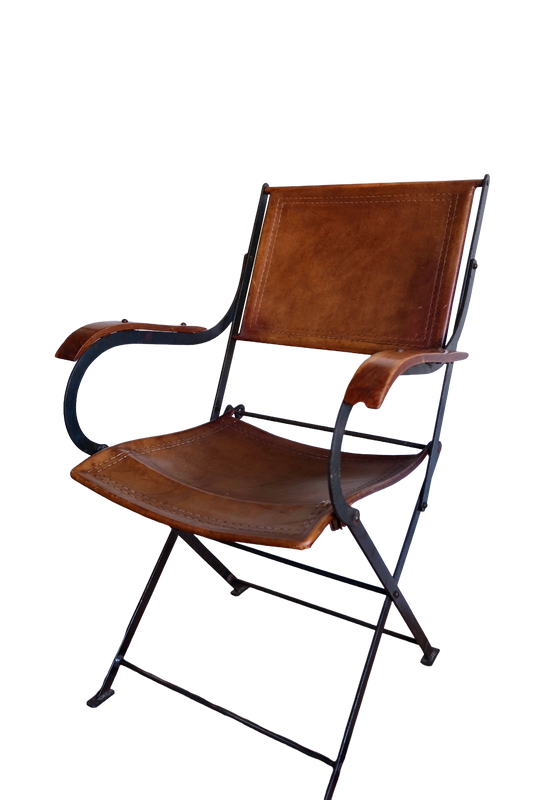 Mid-century foldable chair, leather, wood and iron. France